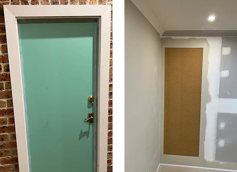 Composite image showing structural timber patio framing and a new concrete staircase with blue safety handrails.