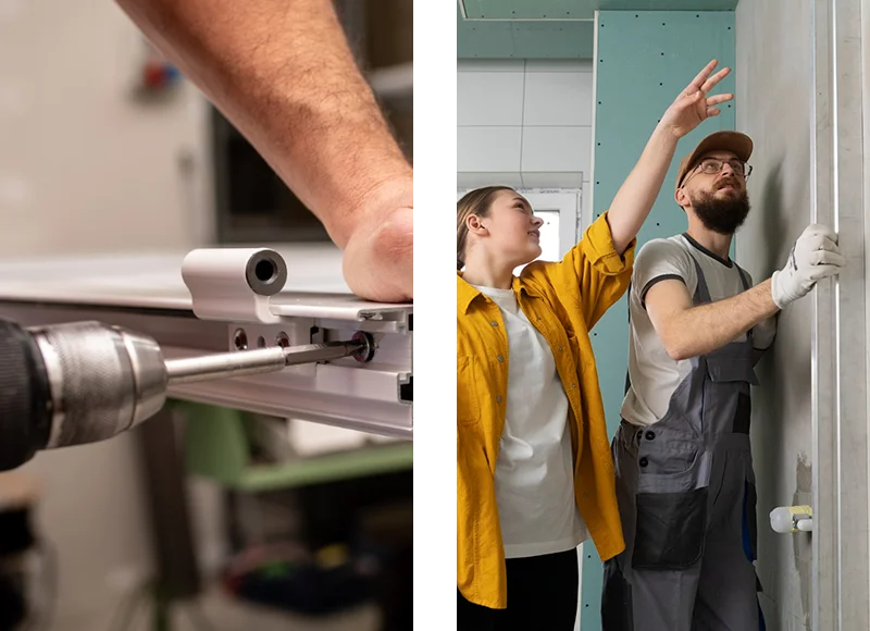 A composite image showing a close-up of a drill fixing a hinge, and professionals inspecting a wall installation.