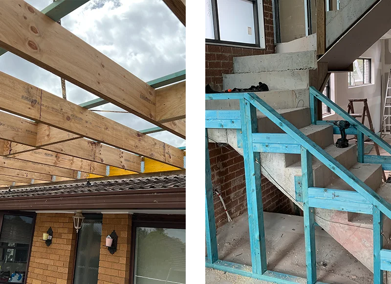 Composite image of a carpenter cutting a board with a circular saw and a finished high-end wooden staircase.
