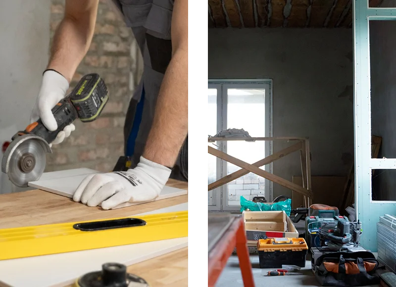 A composite image showing a worker using an angle grinder to cut tile, alongside a view of an active construction site.